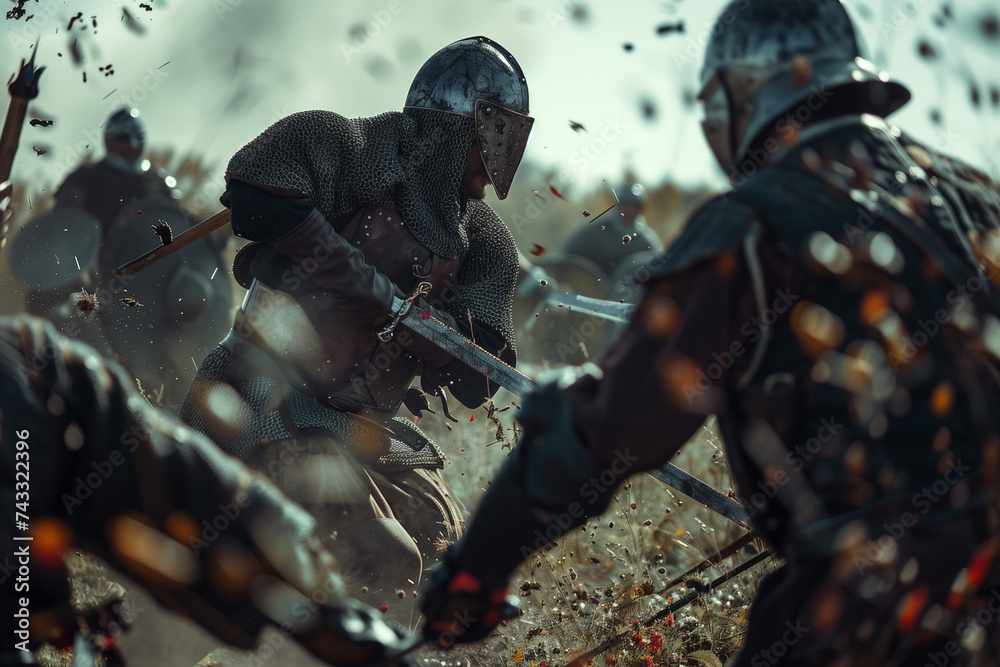Medieval Knights Fighting with Swords in the Battle Field Medieval Knights Fighting with Swords in the Battle Field