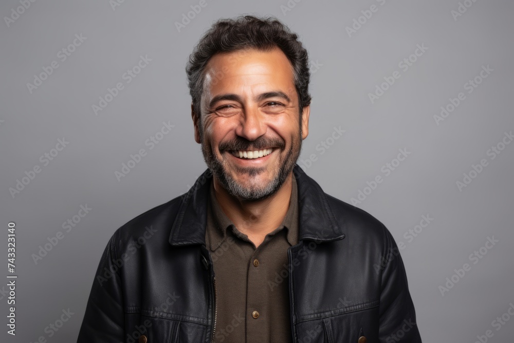 Handsome middle aged man laughing and looking at camera on grey background Handsome middle aged man laughing and looking at camera on grey background