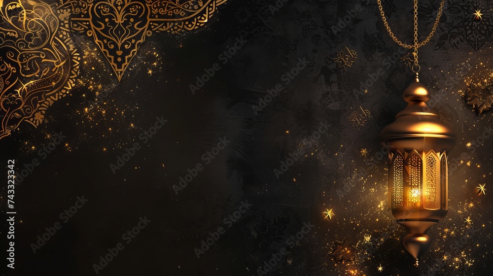 Exquisite ramadan kareem banner: luxury golden lantern arabic black gold islamic design background with mosque, moon, and abstract elegance - ideal for ramadan greetings and islamic celebrations