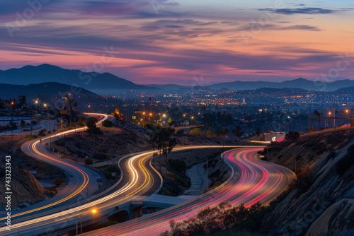A long exposure shot of a highway at night, capturing the light trails of moving vehicles under a twilight sky. © ParinApril