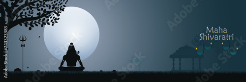 illustration of Lord Shiva meditation pose on full moon light. 