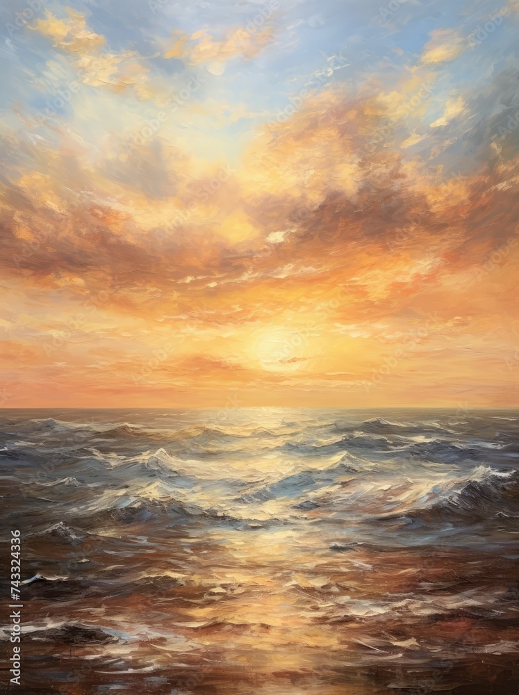 A stunning painting depicting a vibrant sunset casting warm hues over the ocean, with the sun dipping below the horizon and reflecting on the waters surface.