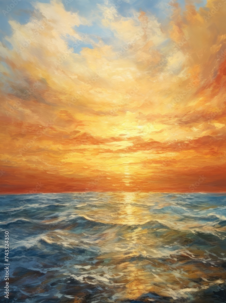 A painting depicting a vibrant sunset casting warm hues over the calm ocean waters, creating a striking contrast between the glowing sky and the tranquil sea.
