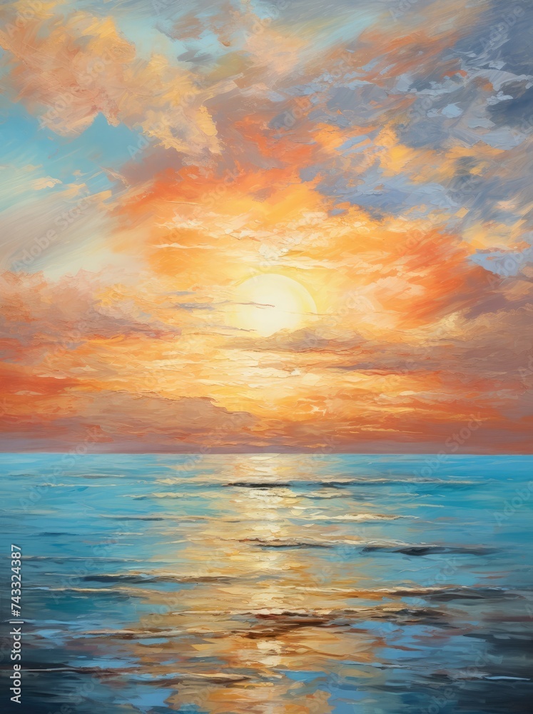 A painting showing a vibrant sunset casting hues of orange, pink, and purple over a calm ocean with gentle waves.