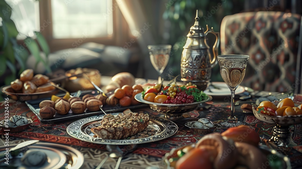 Authentic middle eastern suhoor and iftar meal: traditional ramadan cuisine stock image for cultural celebrations and culinary content