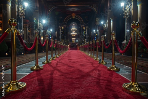 A glamorous red carpet event setting with velvet ropes and golden stanchions leading towards a darkened, spotlighted area. photo