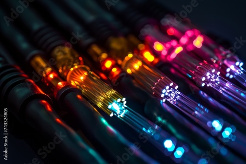 Close-up of vibrant fiber optic cables with illuminated ends against a dark background.