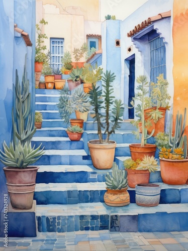 A painting depicting a stairway adorned with various potted plants, adding a touch of nature and greenery to the scene. © pham
