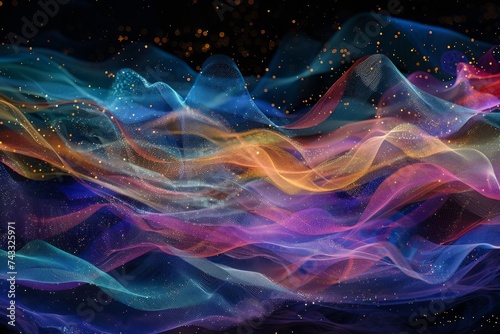 Abstract waves of light with a spectrum of colors flowing across a dark space, sprinkled with particles resembling stars.