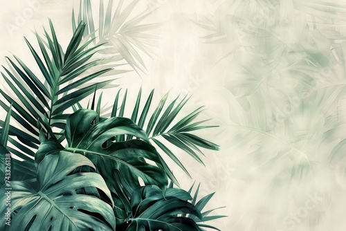 Artistic rendition of various tropical leaves in shades of green with a watercolor effect on a plain background.