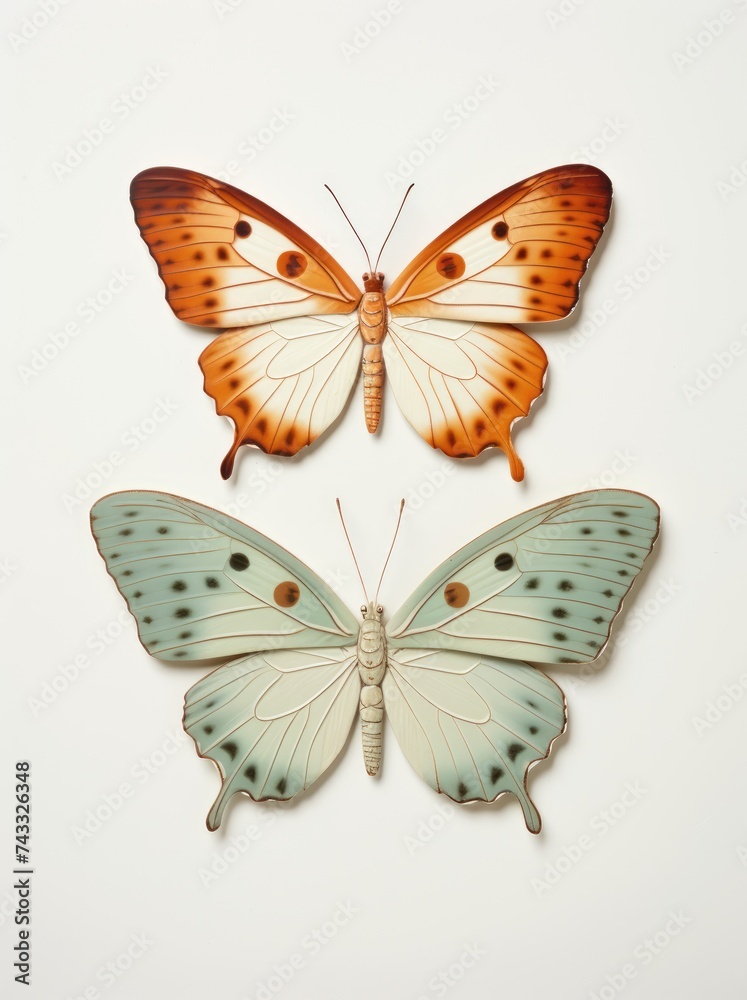 Fototapeta premium Two colorful butterflies with delicate wings are resting on a plain white background, showcasing their intricate patterns and vibrant colors.