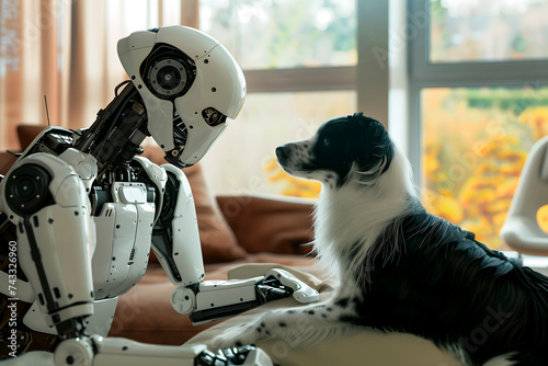 robot pampering a dog in the living room