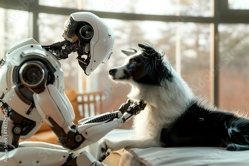 robot pampering a dog in the living room