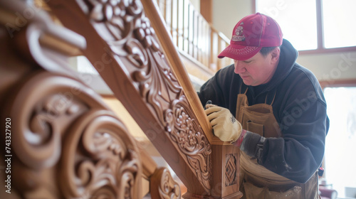 A dedicated homeowner meticulously handcarves intricate designs onto a newly installed banister replicating the original one that had been damaged beyond repair. photo