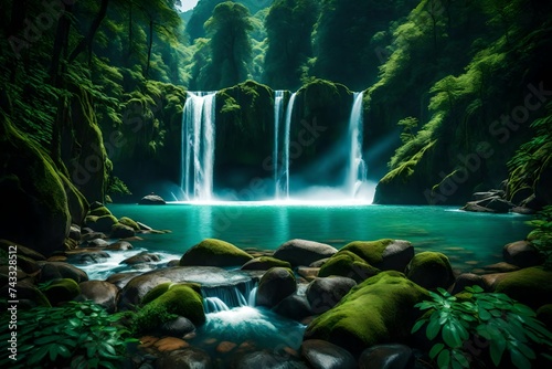 A serene panorama capturing the beauty of waterfalls amidst a backdrop of lush, verdant mountainous terrain.