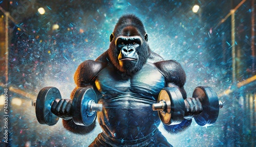 Illustration of a gorilla training bodybuilding. Biceps training. 