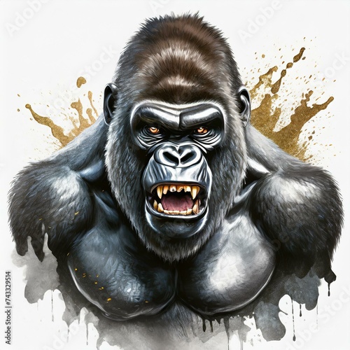 Illustration of a furious gorilla on white background. Splashes on image.
 photo