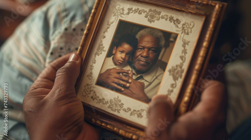 A closeup of a fathers hands holding a photo frame with a picture of his children. The frame is engraved with a special message making it a meaningful and sentimental gift photo