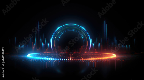 The musical symbol of the circular audio equalizer. Sound wave vector icon. Illustration isolated on dark background. Abstract digital wave of circle line particles. Futuristic modern background