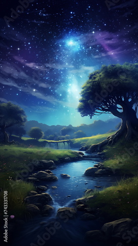 a beautiful view of a meadow in night with a river in the middle and a tree next to the river, meadow wallpaper and background