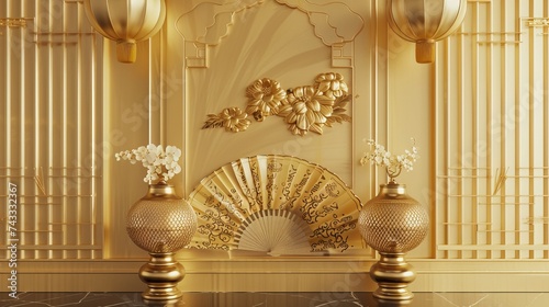 Golden chinese elegance: 3d render of contemporary china background with lanterns, borders, patterns, and symbolic elements - perfect for designs, web, and more