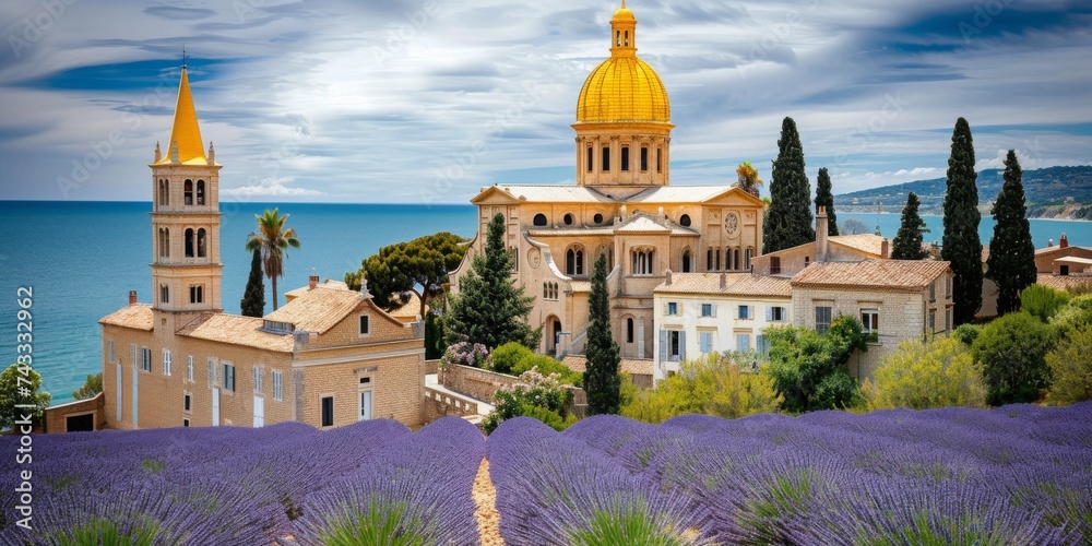 Majestic Lavender Fields Leading to a Historic Coastal Town, Exemplifying the Alluring Charm of the Mediterranean Landscape