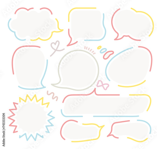 Colorful cute out line Speech bubble, speech balloon, Doodle Hand drawn vector collection. Blank chat balloons in various shapes. Comic cloud box, empty dialog balloon, conversation memo message set.