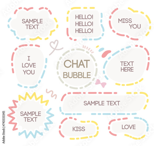 Cute memo of colorful line out speech bubbles. Hand drawn doodle lettering quote frame for text. Set of variety shape sticker. Thinking and chat box. Dotted line speech cloud. Cloud, Box, Blank, Tag