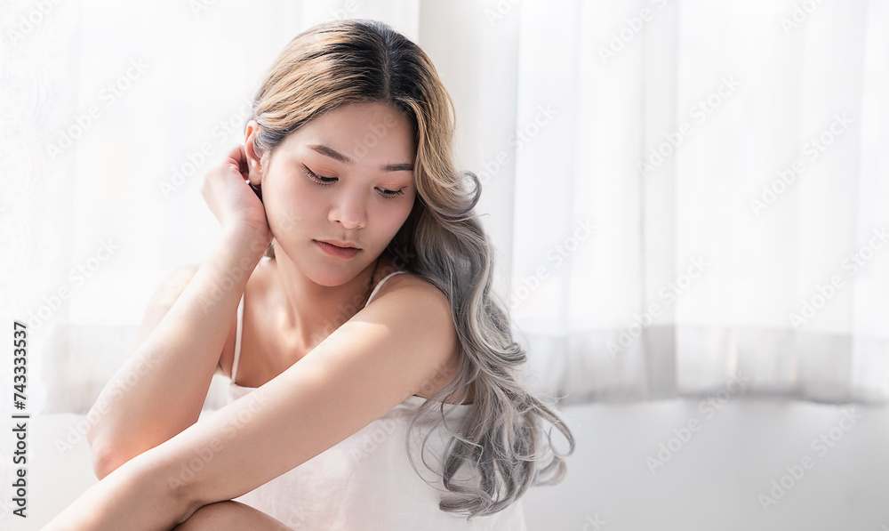 Closeup portrait of beauty asian woman with fair perfect healthy glow skin hand touching cheek chin copy space, young beautiful asia girl with pretty smile face Beauty korean women spa skincare banner Closeup portrait of beauty asian woman with fair perfect healthy glow skin hand touching cheek chin copy space, young beautiful asia girl with pretty smile face Beauty korean women spa skincare banner