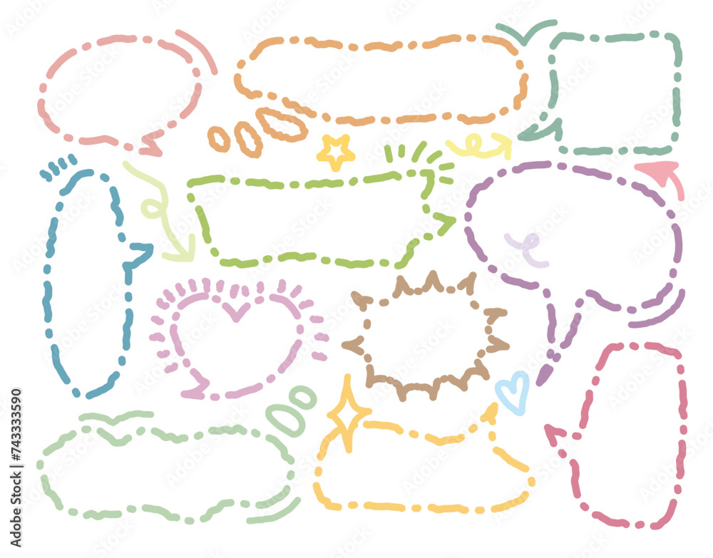 Cute memo of colorful line out speech bubbles. Hand drawn doodle lettering quote frame for text. Set of variety shape sticker. Thinking and chat box. Dotted line speech cloud. Cloud, Box, Blank, Tag Cute memo of colorful line out speech bubbles. Hand drawn doodle lettering quote frame for text. Set of variety shape sticker. Thinking and chat box. Dotted line speech cloud. Cloud, Box, Blank, Tag