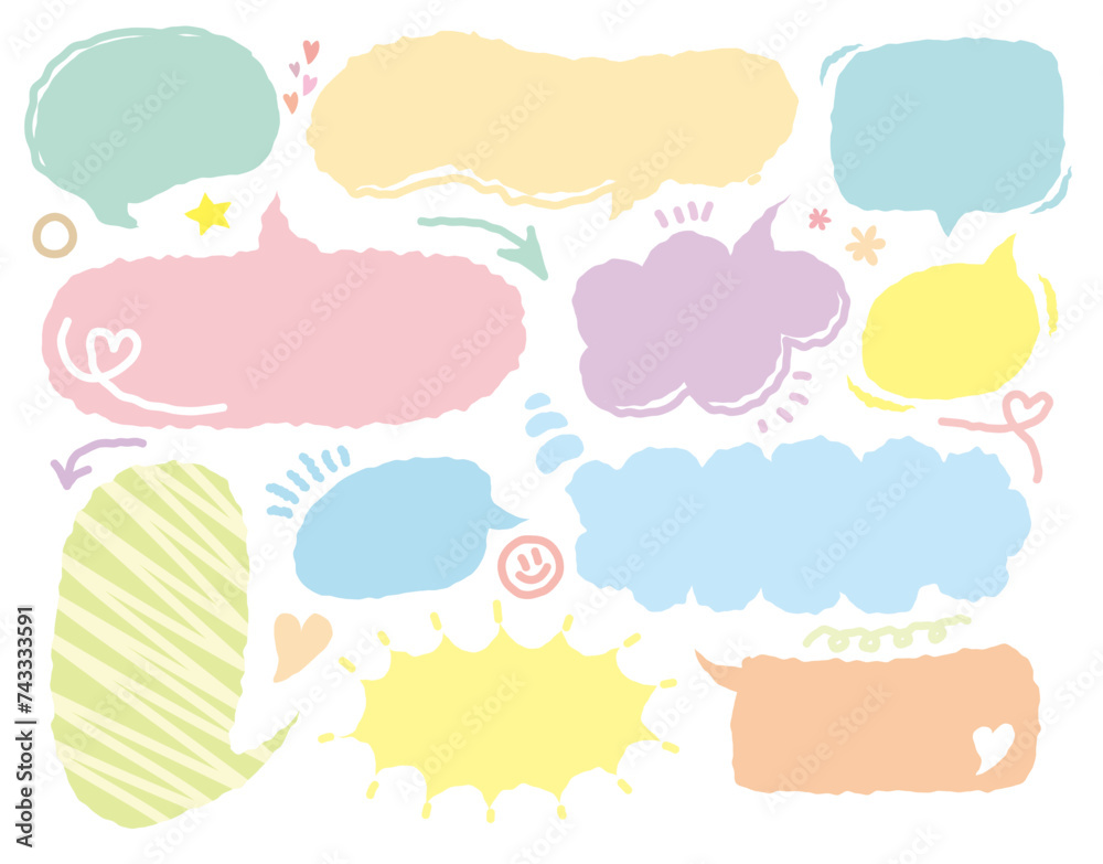 Colorful cute Speech bubble, speech balloon, Doodle Crayon hand drawn vector collection. Blank chat balloons in various shapes. Comic cloud box, empty dialog balloon, conversation memo message set.