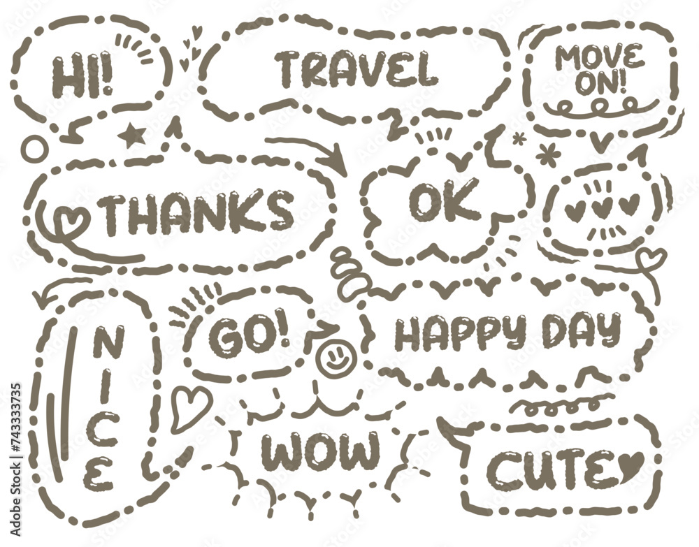 Set of hand-drawn doodles and speech bubbles. This set includes dialogue balloon, doodles, 　arrows,sparkle, stars.Talk clouds sketching.Talk speech text pop cute think set.Flat doodle style text box.