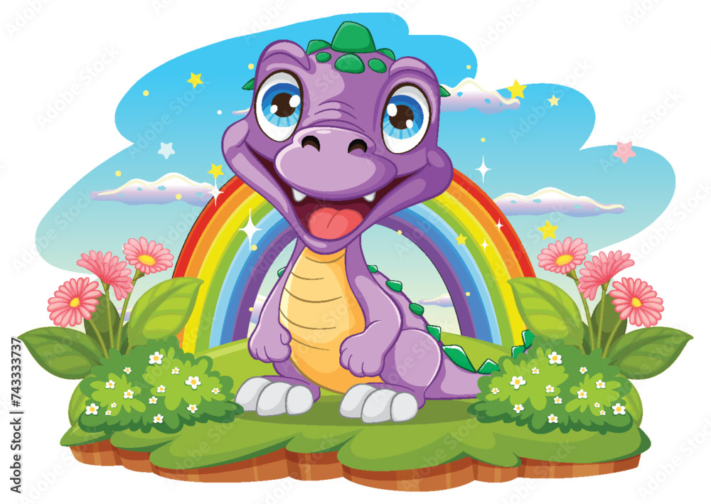 Obraz premium Cute purple dragon sitting under a colorful rainbow