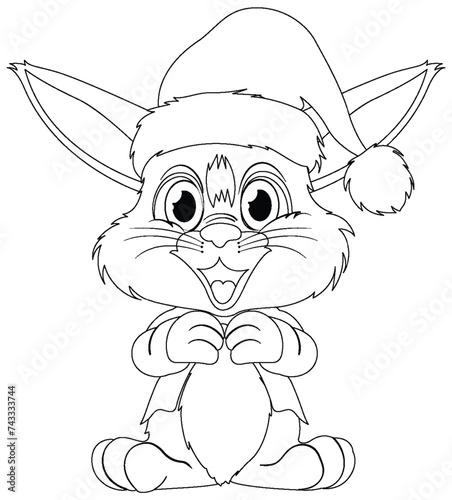 Cute rabbit wearing a Christmas hat, smiling.