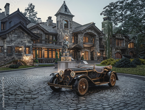 1920's style roadster car sitting on the cobblestone driveway of a large stone mason all created in a steampunk style.