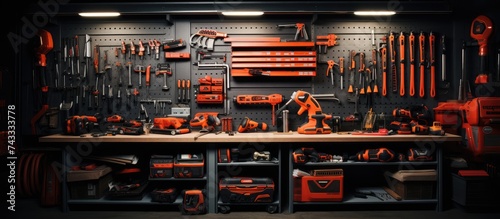 Toolboxes and toolkits on a tool shop shelf