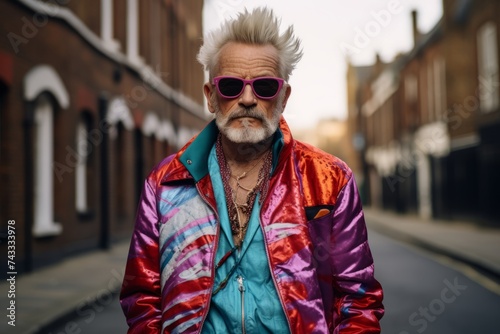 Portrait of a stylish senior man with gray hair wearing sunglasses and a colorful jacket on the street.