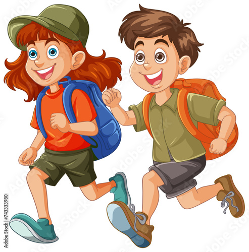 Two kids with backpacks enjoying a hike.