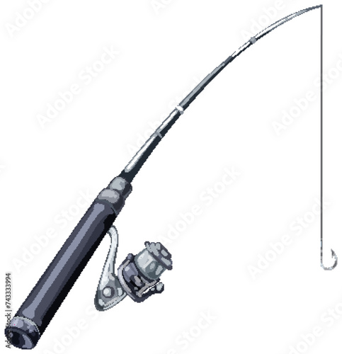 Realistic fishing rod with reel and hook graphic.