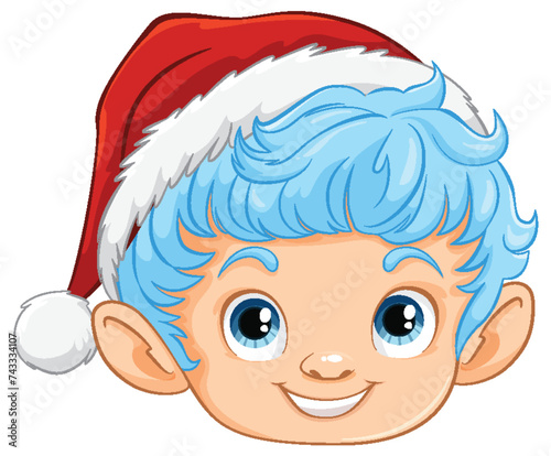 Cartoon elf face with blue hair and Santa hat.