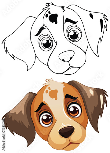 Two expressive cartoon dog faces, one colored, one outlined.