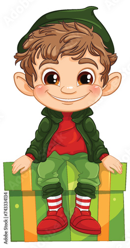 Cartoon elf with a big smile sitting on a present.