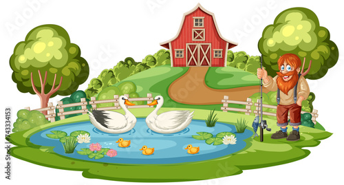 Illustration of a farmer with animals at a pond