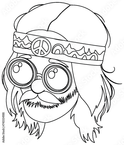 Illustration of a hippie with peace sign bandana and glasses.