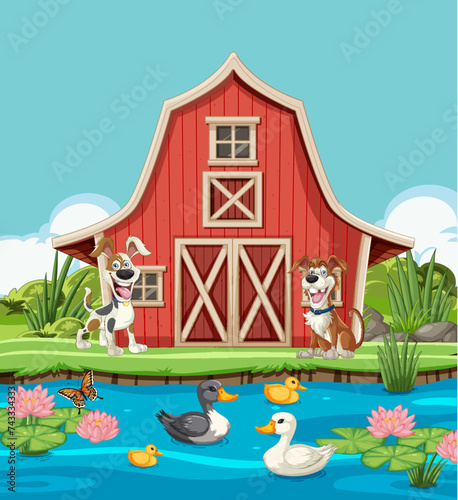 Cartoon animals by a barn and pond with flowers.