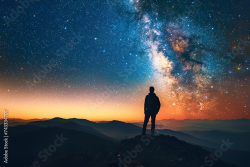 The silhouette of a young traveler watched the star and Milky Way on top of the mountain alone before sunrise. He is happy to be with herself and stay with nature at twilight time