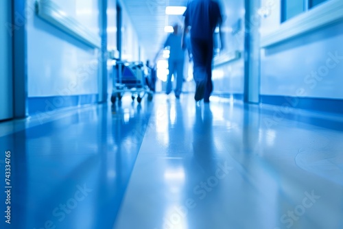Blurry background of a hospital corridor Capturing the hustle and bustle of medical professionals and patients Suitable for healthcare and medical themes.