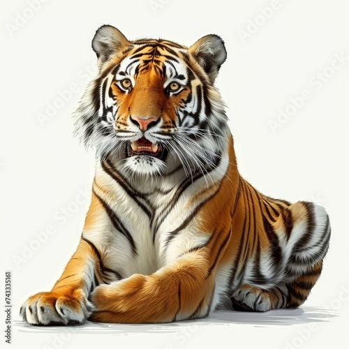 Detailed illustration of a happy friendly smiling tiger sitting isolated on a white background  Generative AI 