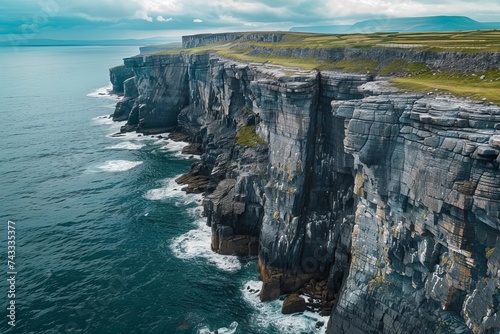 Drone shot of rocky coastal landscape Waves crashing against cliffs
