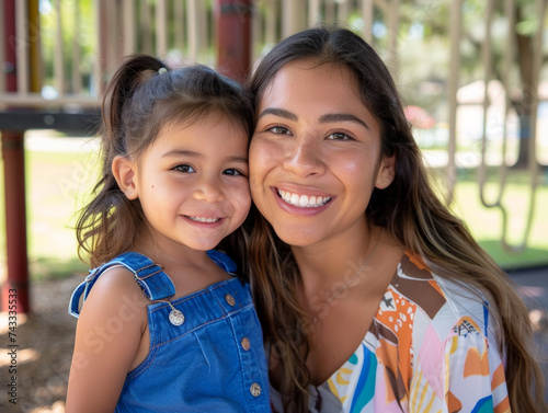 Closeup portrait of hispanic latina mother and young daughter at the playground.  Smiling at camera. photo